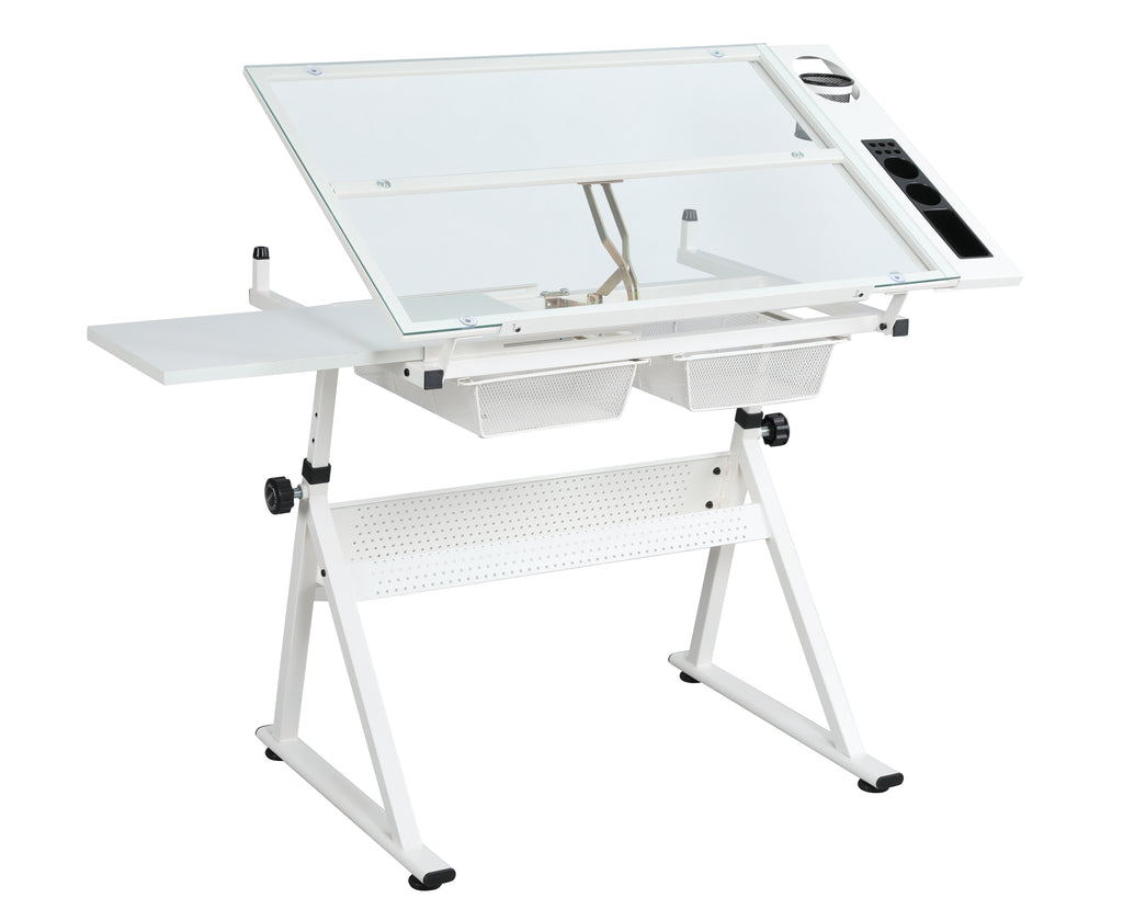 Leoglint WHITE Office desk adjustable tempered glass drafting printing table with chair