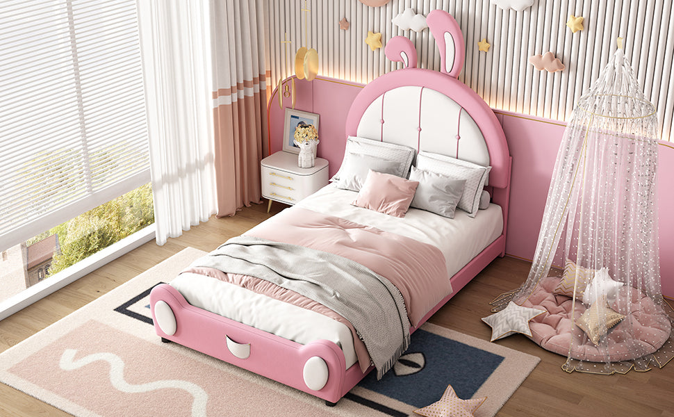 Leoglint Twin Size Upholstered Platform Bed Frame with Rabbit Shaped Headboard, Pink