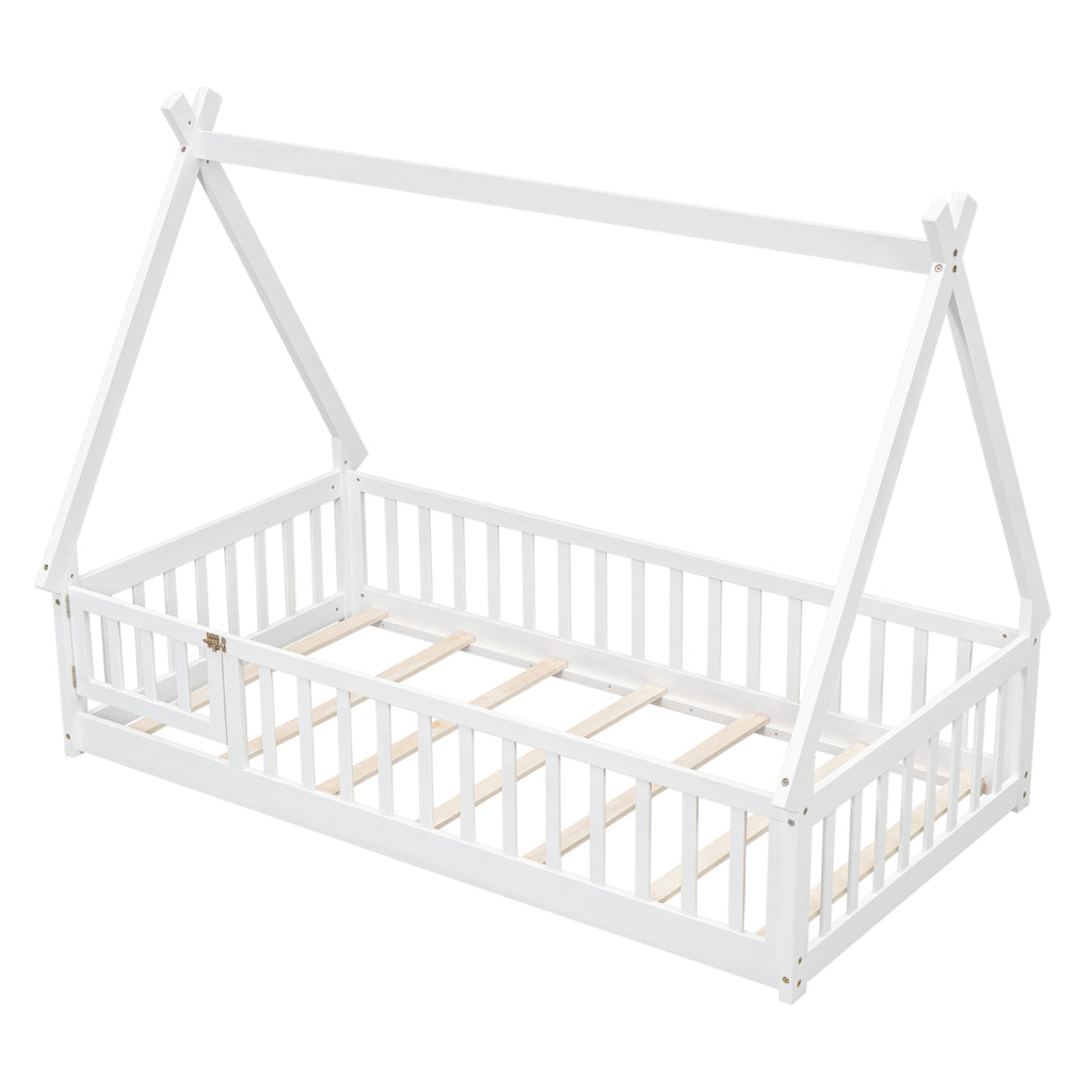 Leoglint Twin Tent-shaped Floor Bed Frame, with Guardrails, Slats, Door ,White