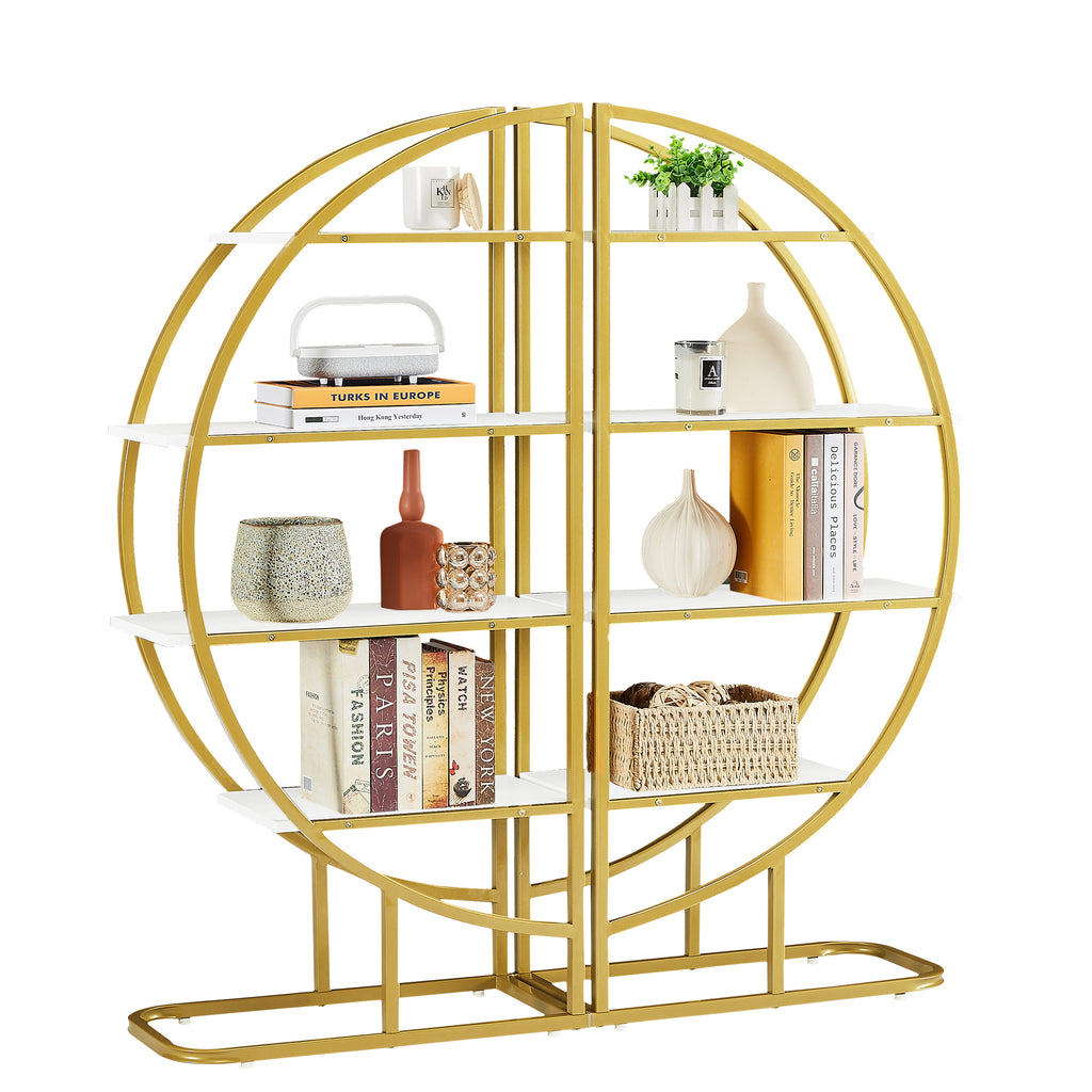 Leoglint 4 Tiers Home Office Open Bookshelf, Round Shape, Different Placement Ways, MDF Board, Gold Metal Frame, White