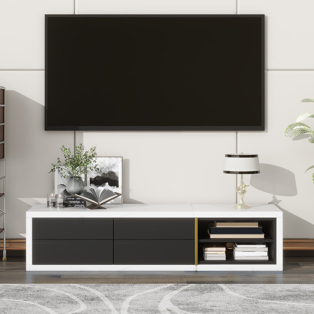 Leoglint U-Can 51''-98.4'' Modern Extendable TV Stand for TVs up to 90 Inches, Entertainment Center Media Console Corner Console with 2 Drawers and 4 Shelves for Living room, White & Black