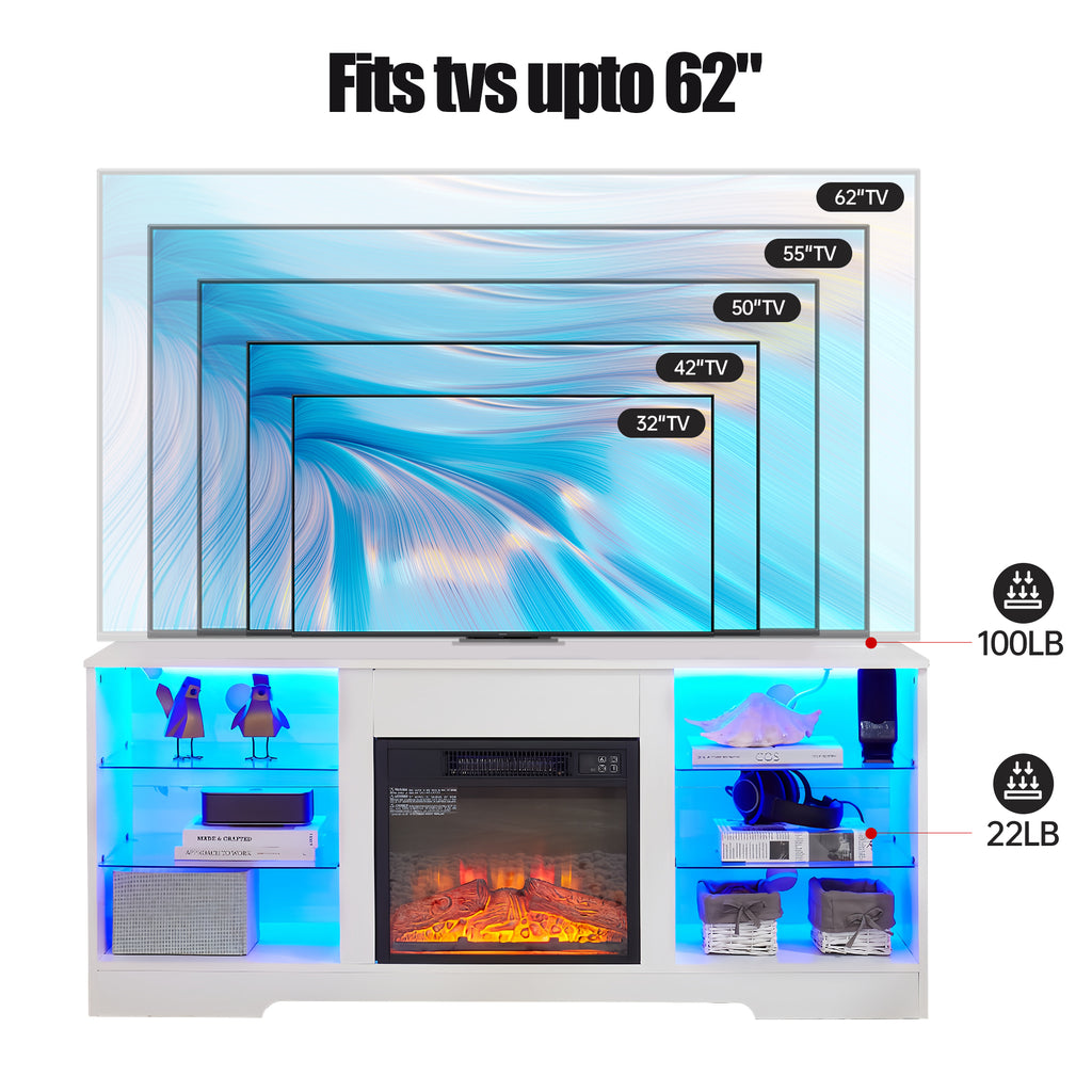 Leoglint TV Stand Electric Fireplace TV Stand with Glass Shelves, 3D Fireplace TV Stand with LED Lights Wood with USB Charging Outlet Modern Television Table Center for TV up to 32-62" White 58''W*15.5''D*24.4