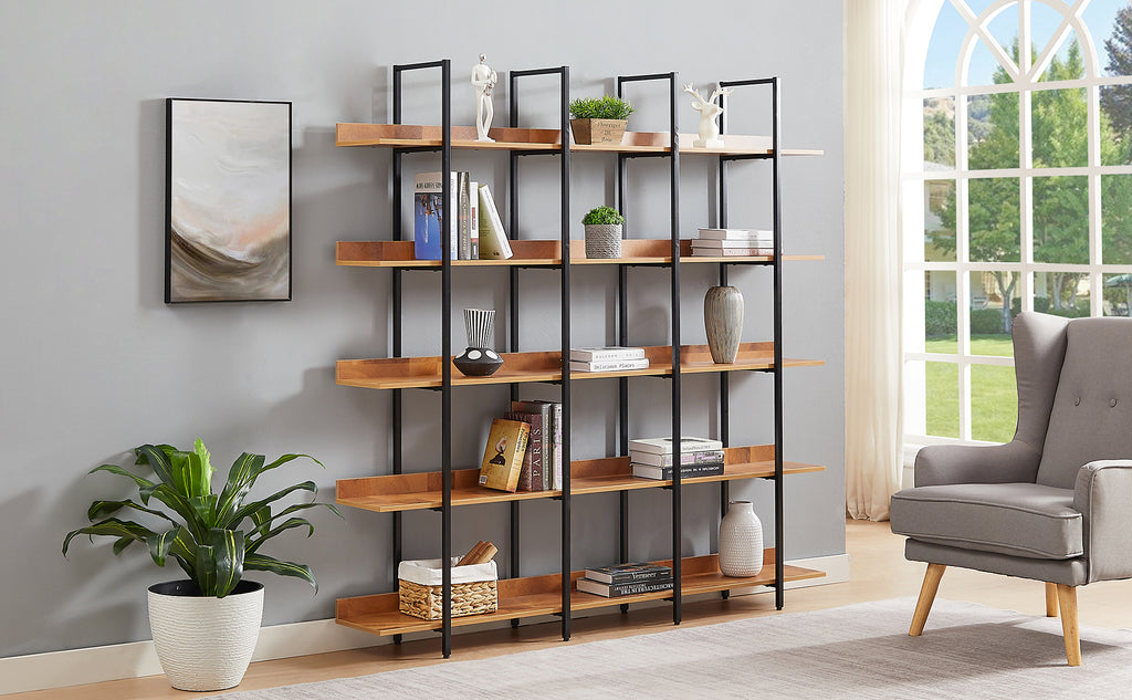 Leoglint 5 Tier Bookcase Home Office Open Bookshelf, Vintage Industrial Style Shelf, MDF Board, Black Metal Frame, Brown