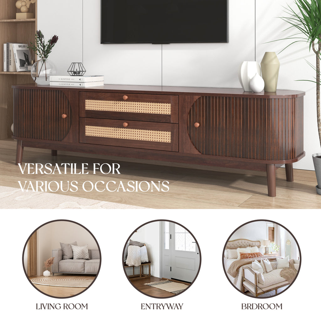 Leoglint Rattan TV Stand for TVs up to 75'', Modern Farmhouse Media Console, Entertainment Center with Solid Wood Legs, TV Cabinet for Living Room,Home Theatre