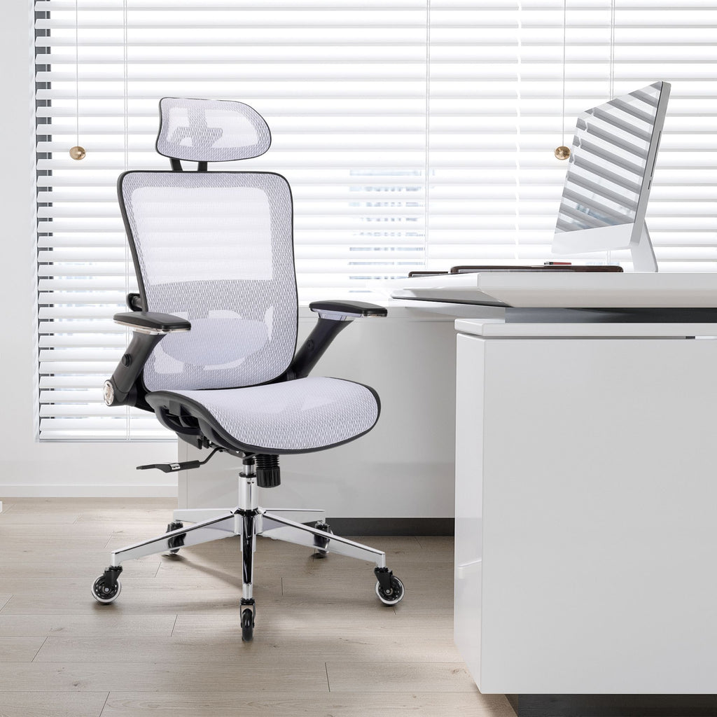 Leoglint WHITE Ergonomic Mesh Office Chair, High Back - Adjustable Headrest with Flip-Up Arms, Tilt and lock Function, Lumbar Support and blade Wheels, KD chrome metal legs