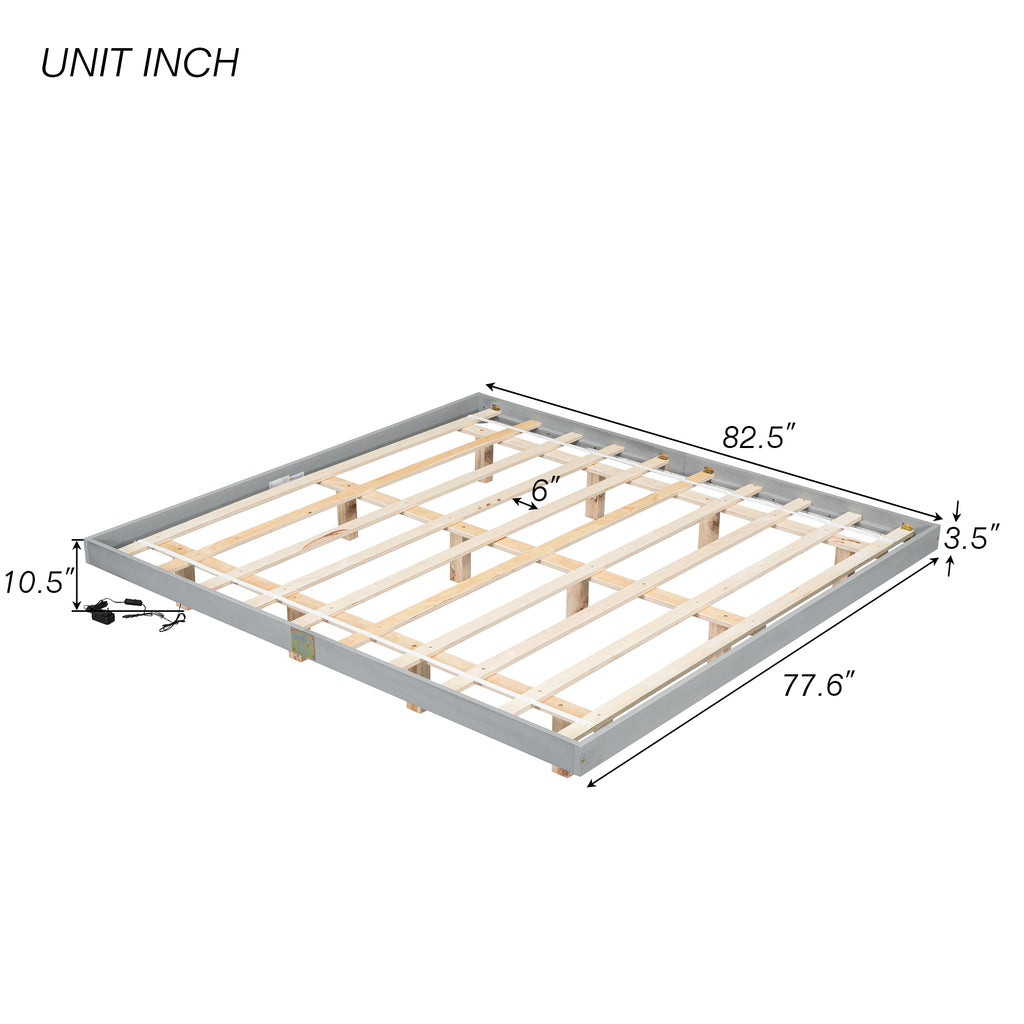 Leoglint King Size Floating Bed Frame with LED Lights Underneath,Modern King Size Low Profile Platform Bed with LED Lights,Grey