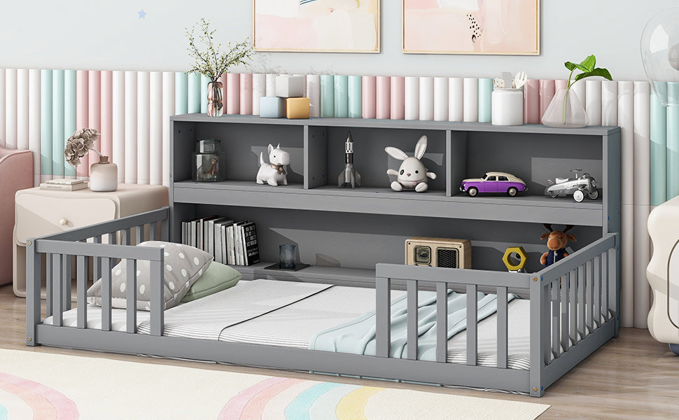 Twin Floor Bed Frame  with  Bedside Bookcase,Shelves,Guardrails,Grey