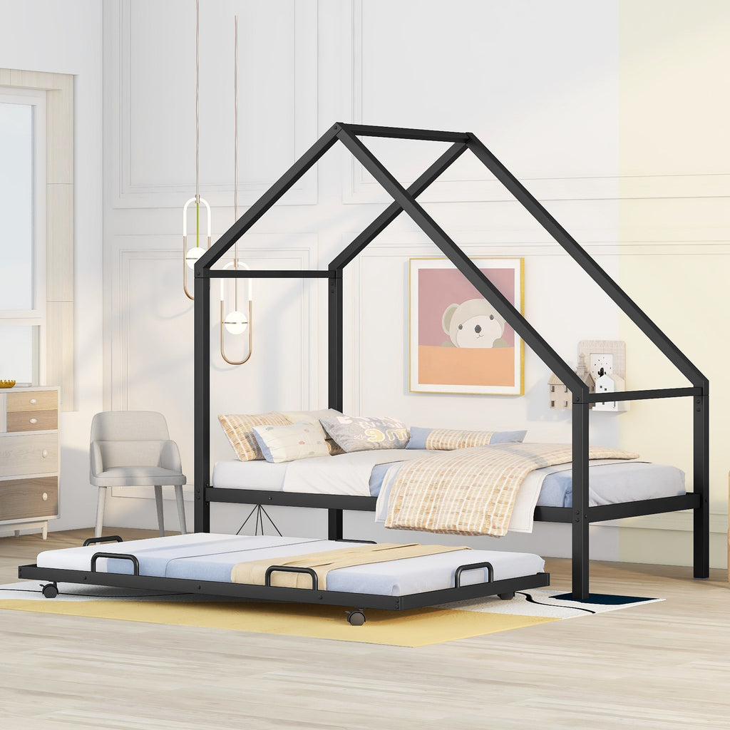 Metal House Bed Frame With Trundle, Twin Size House  Bed Black