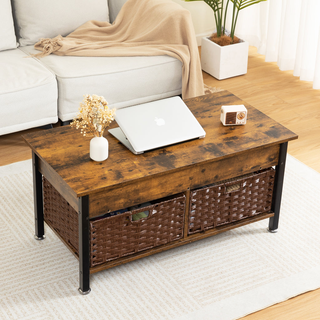 Leoglint Metal coffee table,desk,with a lifting table,and hidden storage space.There were two removable wicker baskets that could be placed in any space such as the living room,color:brown with fire wood grain