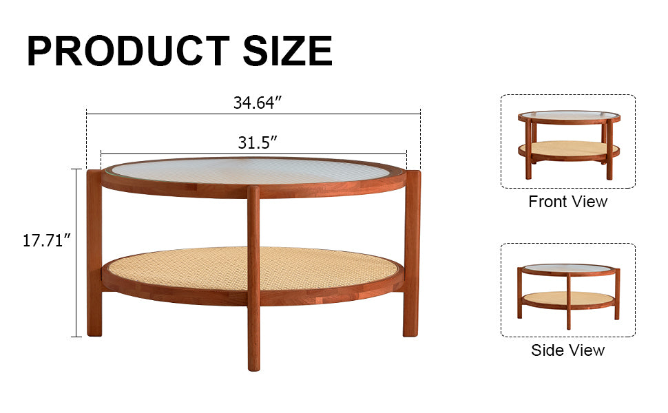 Leoglint Modern minimalist circular double-layer solid wood coffee table, craft glass tabletop, second layer material: PE rattan, solid wood frame. 34.6 '* 34.6' * 17.7''