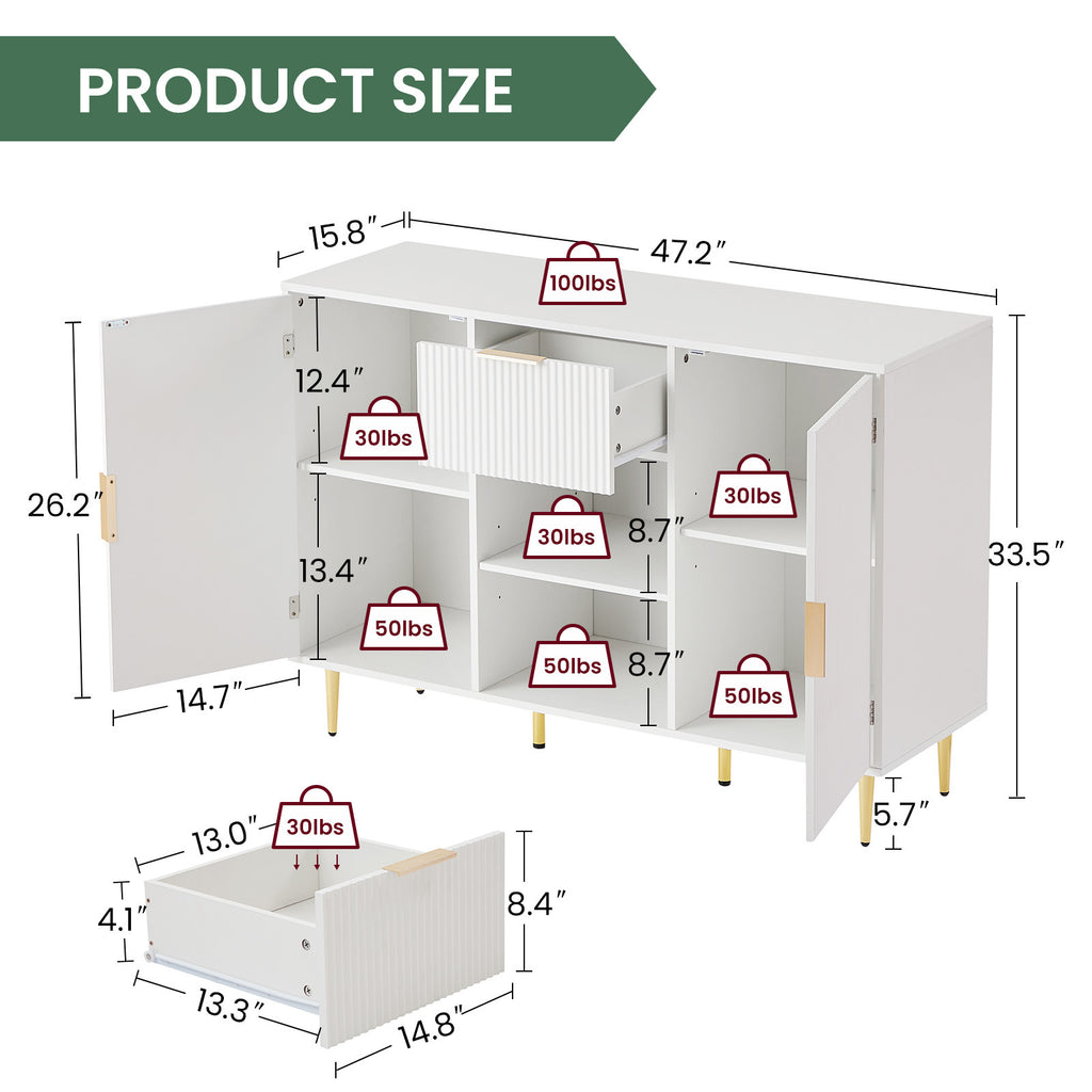 Leoglint Storage cabinet Wave pattern 2 door With drawers buffets & sideboards for living room, dining room, bedroom , hall, white, 47.2''w x 15.8''d x 33.5''h.