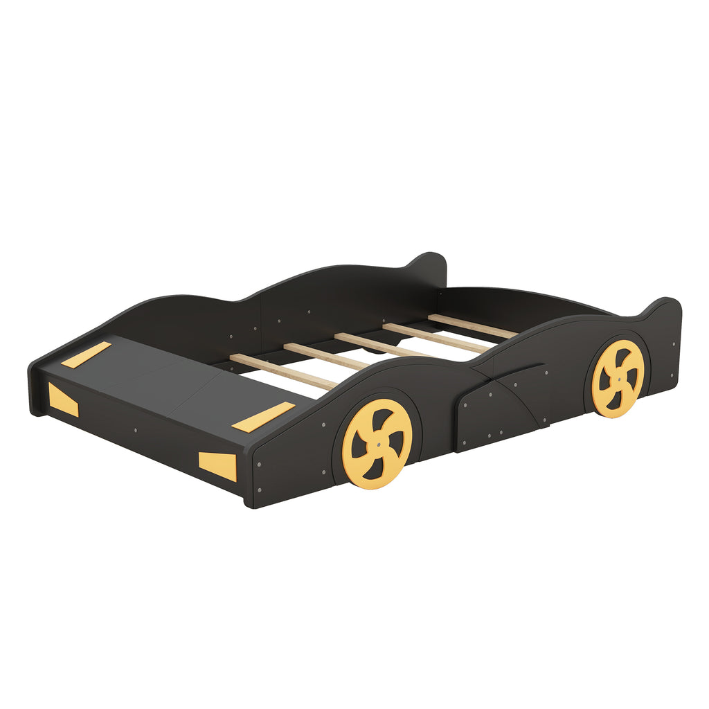 Leoglint Full Size Race Car-Shaped Platform Bed with Wheels and Storage, Black+Yellow