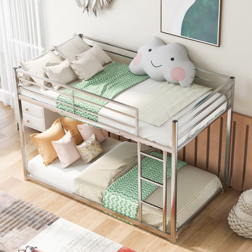 Leoglint Twin over Twin Metal Bunk Bed Frame, Low Bunk Bed with Ladder,Silver(OLD SKU:WF282465AAN)