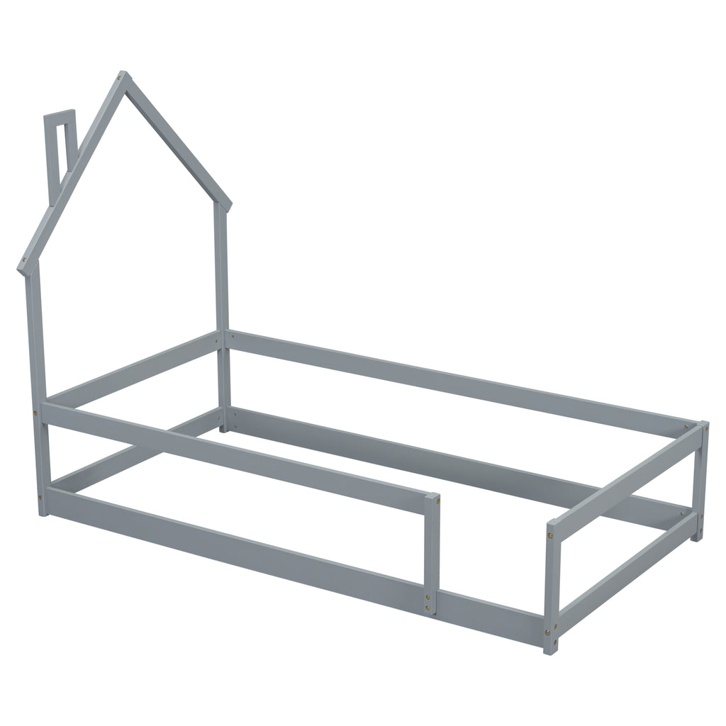 Twin Size Wood bed Frame with House-shaped Headboard Floor bed with Fences,Grey