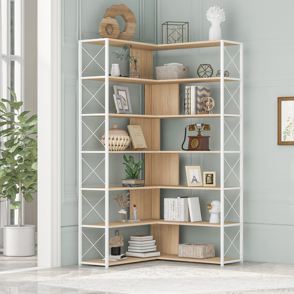 Leoglint 7-Tier Bookcase Home Office Bookshelf,  L-Shaped Corner Bookcase with Metal Frame, Industrial Style Shelf with Open Storage, MDF Board