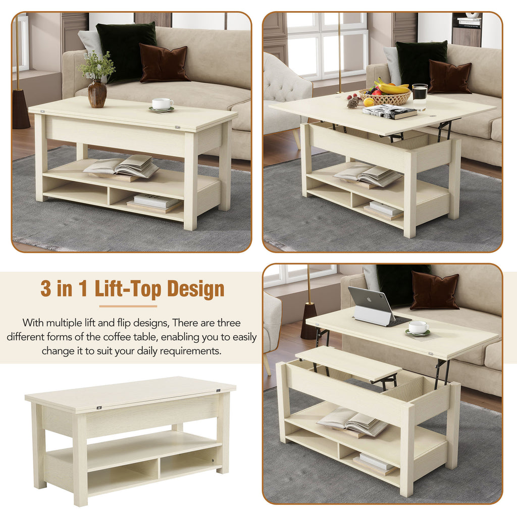 Leoglint [VIDEO provided] ON-TREND Lift Top Coffee Table, Multi-Functional Coffee Table with Open Shelves, Modern Lift Tabletop Dining Table for Living Room, Home Office, Rustic Ivory