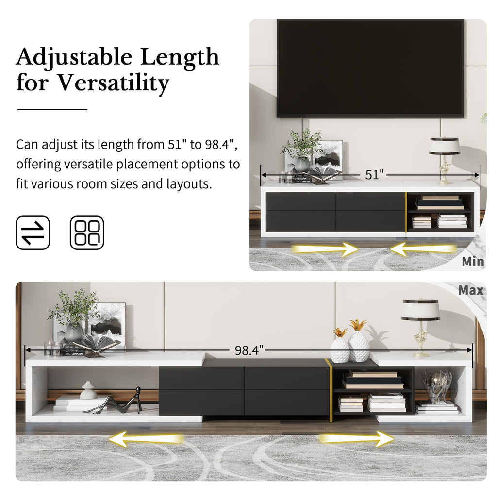 Leoglint U-Can 51''-98.4'' Modern Extendable TV Stand for TVs up to 90 Inches, Entertainment Center Media Console Corner Console with 2 Drawers and 4 Shelves for Living room, White & Black