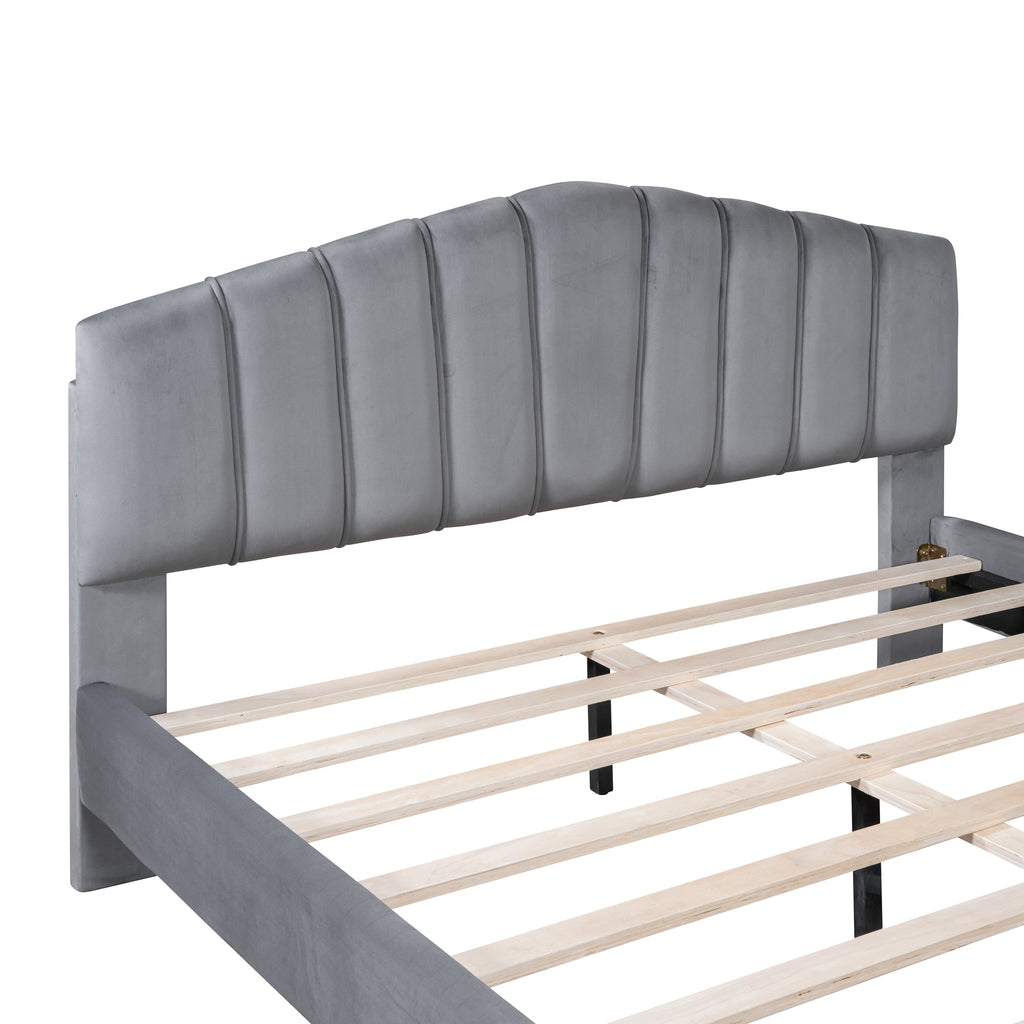 Queen Size Velvet Platform Bed Frame with Thick Fabric, Stylish Stripe Decorated Bedboard and Elegant Metal Bed Leg, Gray