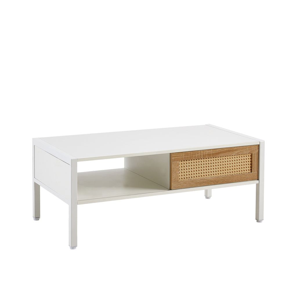 Leoglint 40.16" Rattan Coffee table, sliding door for storage, metal legs, Modern table  for living room , white