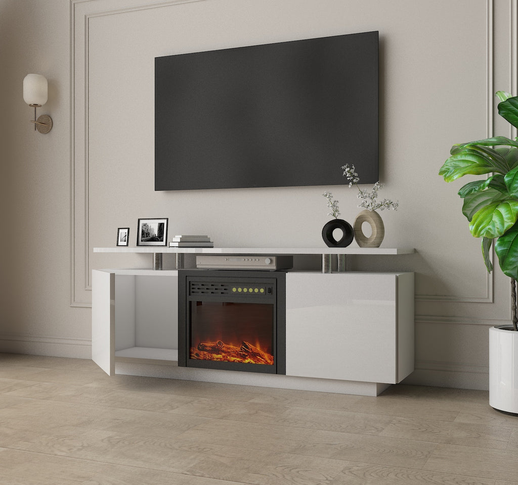 Leoglint 160CM high gloss TV cabinet tv stand unit with fireplace ,have heat and flame color changes