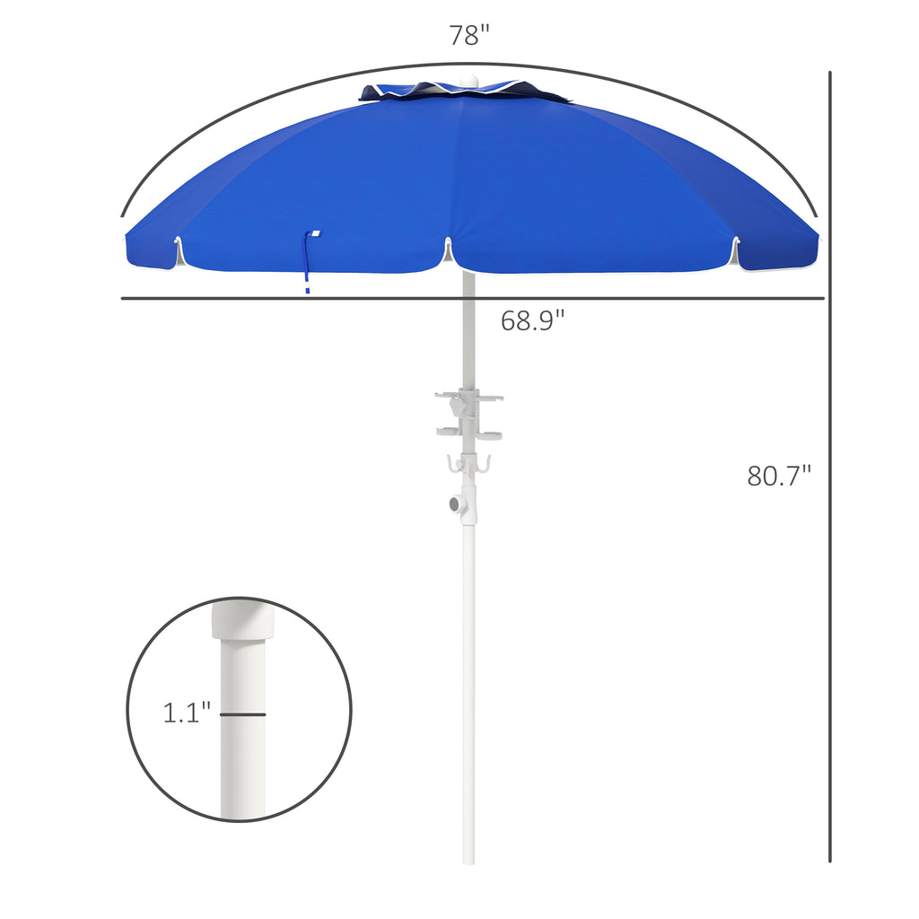 Leoglint 5.7' Portable Beach Umbrella with Tilt, Adjustable Height, 2 Cup Holders & Hooks, UV 40+ Ruffled Outdoor Umbrella with Vented Canopy, Blue