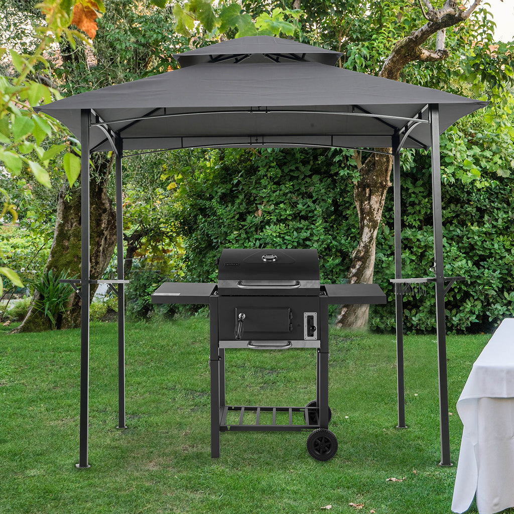 Leoglint Outdoor Umbrella Grill Gazebo 8 x 5 Ft, Shelter Tent, Double Tier Soft Top Canopy and Steel Frame with hook and Bar Counters, Grey