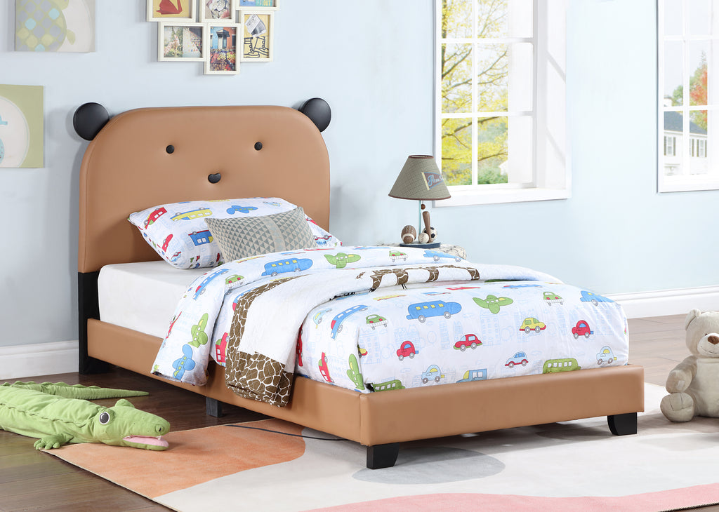 Leoglint Upholstered Twin Size Platform Bed for Kids, Wooden Bed Frame with Slatted Bed Base, No Box Spring Needed, Cute Bed Frame with Bear Design Headboard for Girls Boys Teens, Brown