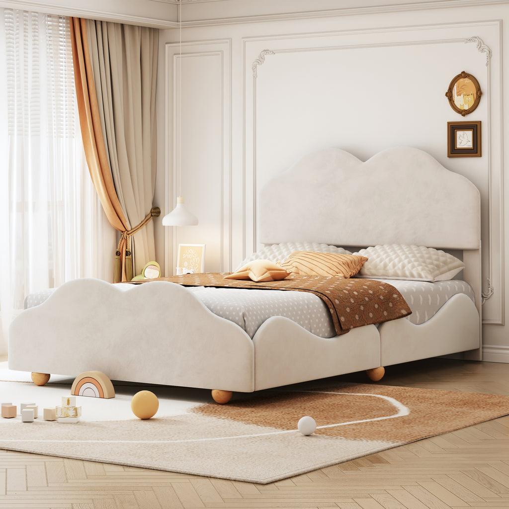 Leoglint Full Size Upholstered Platform Bed with Cloud Shaped bed board, Beige