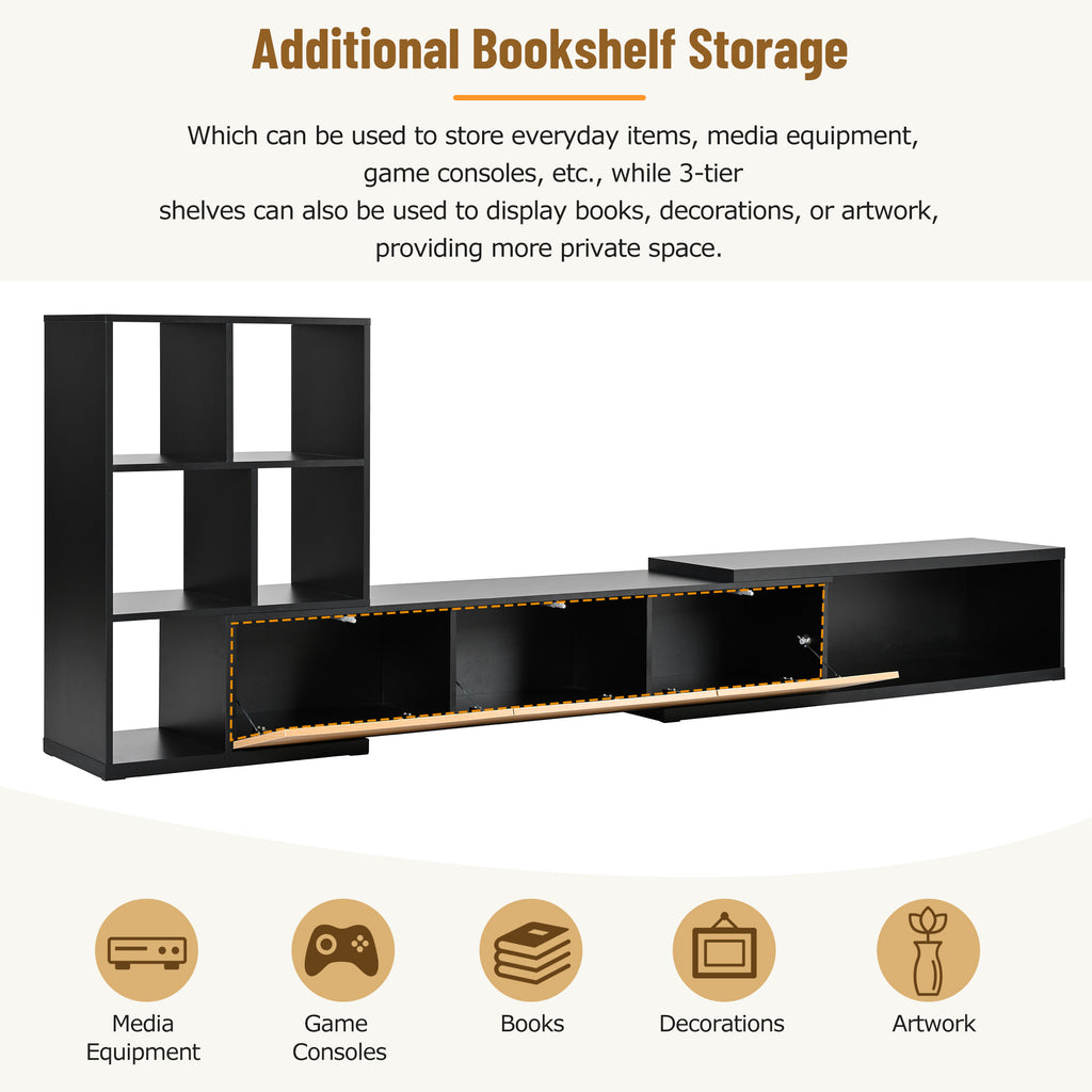 Leoglint ON-TREND 74.8''-126'' Extendable TV Stand with 3 Tier Bookshelves for TVs up to 110'', Adjustable Entertainment Center with Storage Cabinets, Sliding Tabletop Media Console for Living Room, Black