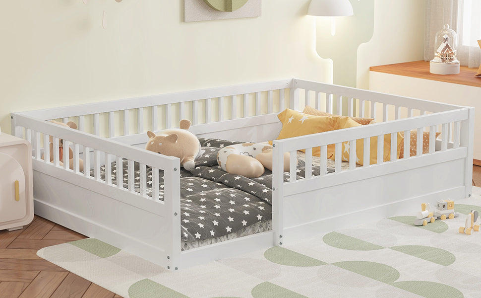 Leoglint Full Floor Bed Frame with Fence, Wood Kids Floor Beds Frame for Bedroom Playroom,White(Expect arrive date Jul. 10th)