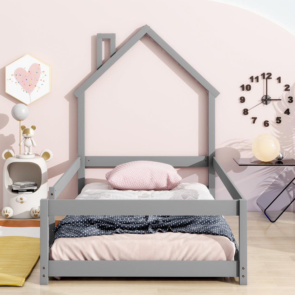 Twin Size Wood bed Frame with House-shaped Headboard Floor bed with Fences,Grey