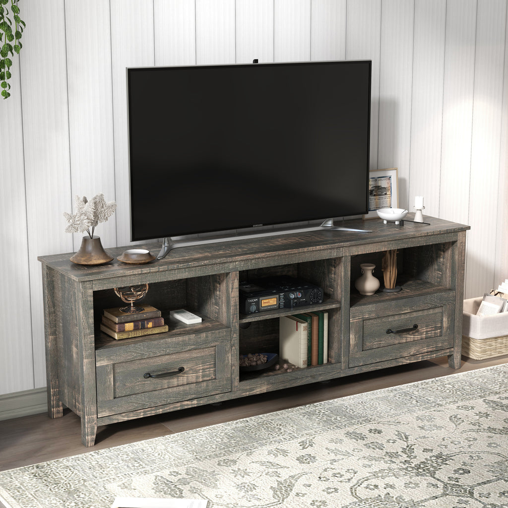 Leoglint 70 Inch Length TV Stand for Living Room and Bedroom, with 2 Drawers and 4 High-Capacity Storage Compartment,  Black Pine