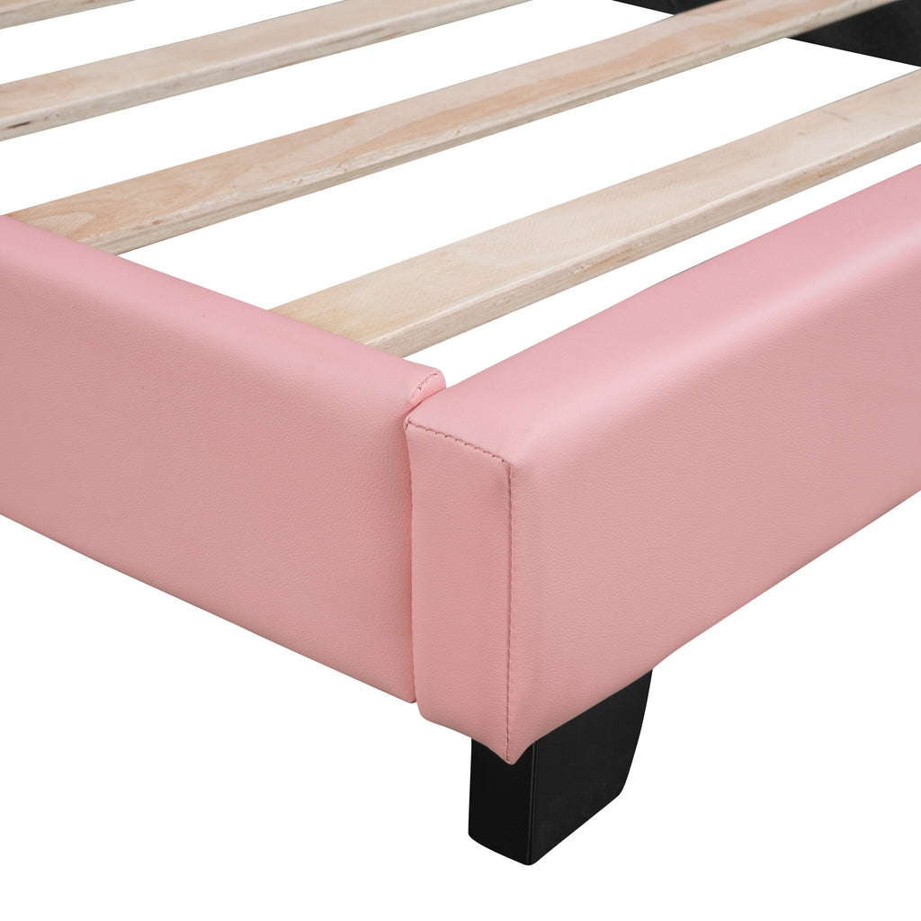 Leoglint Twin Size Upholstered Leather Platform Bed Frame with Rabbit Ornament, Pink