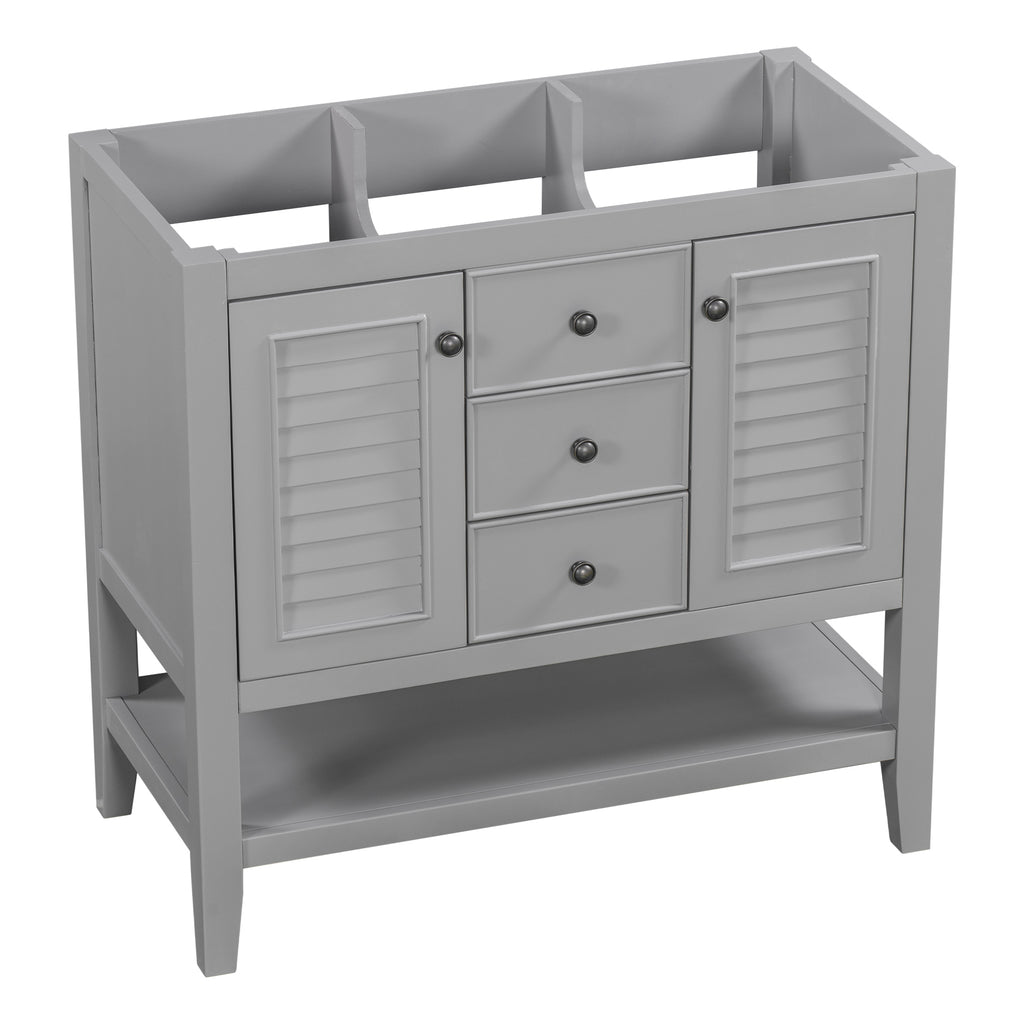 Leoglint 36" Bathroom Vanity without Sink, Cabinet Base Only, Two Cabinets and Drawers, Open Shelf, Solid Wood Frame, Grey