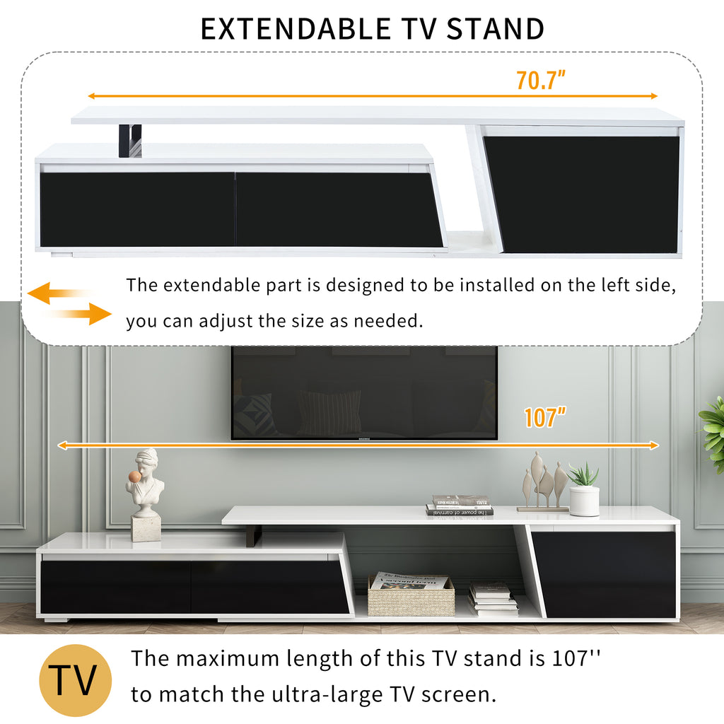 Leoglint U-Can Modern, Minimalist Rectangle Extendable TV Stand, TV Cabinet with 2 Drawers and 1 Cabinet for Living Room, Up to 100''