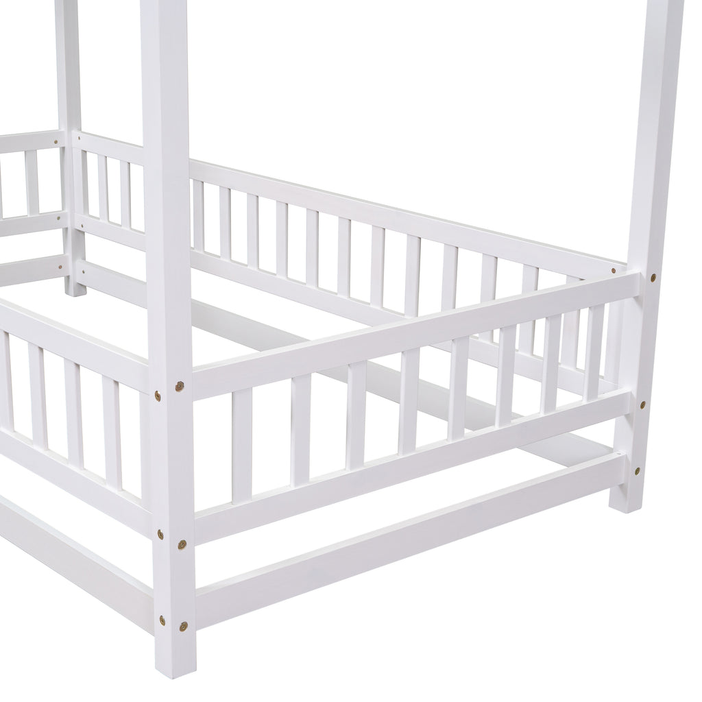 Leoglint Twin Size Floor Wooden Bed Frame with House Roof Frame, Fence Guardrails,White(Old SKU:W1791106615)