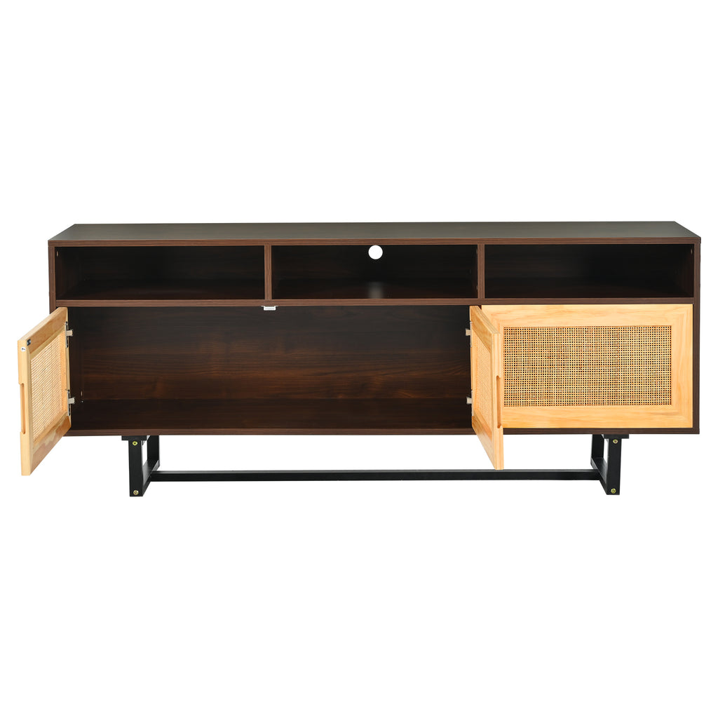 Leoglint TREXM Retro Rattan TV Stand 3-door Media Console with Open Shelves for TV Stand under 75''(Walnut)