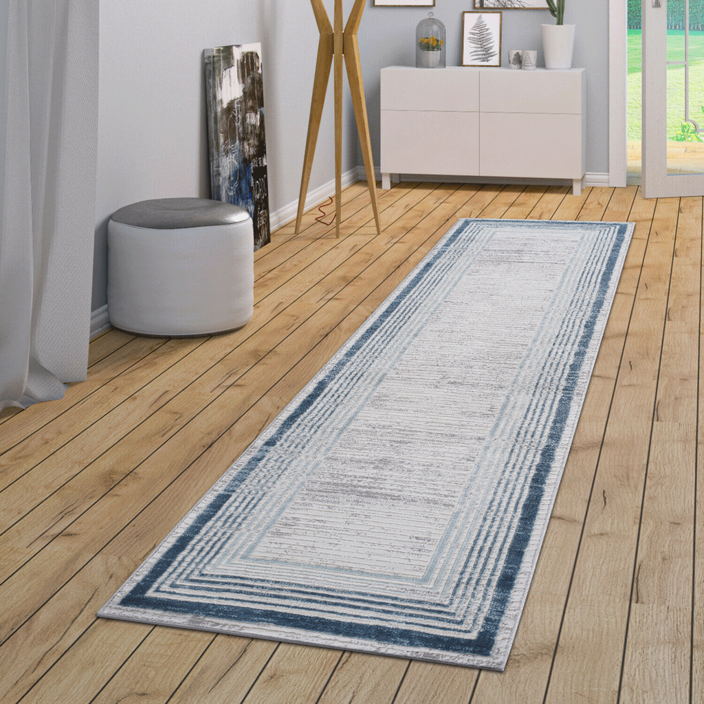 Leoglint 2X8 Blue/Ivory/Bordered Non-Shedding Living Room Bedroom Dining Home Office Stylish and Stain Resistant Area Rug