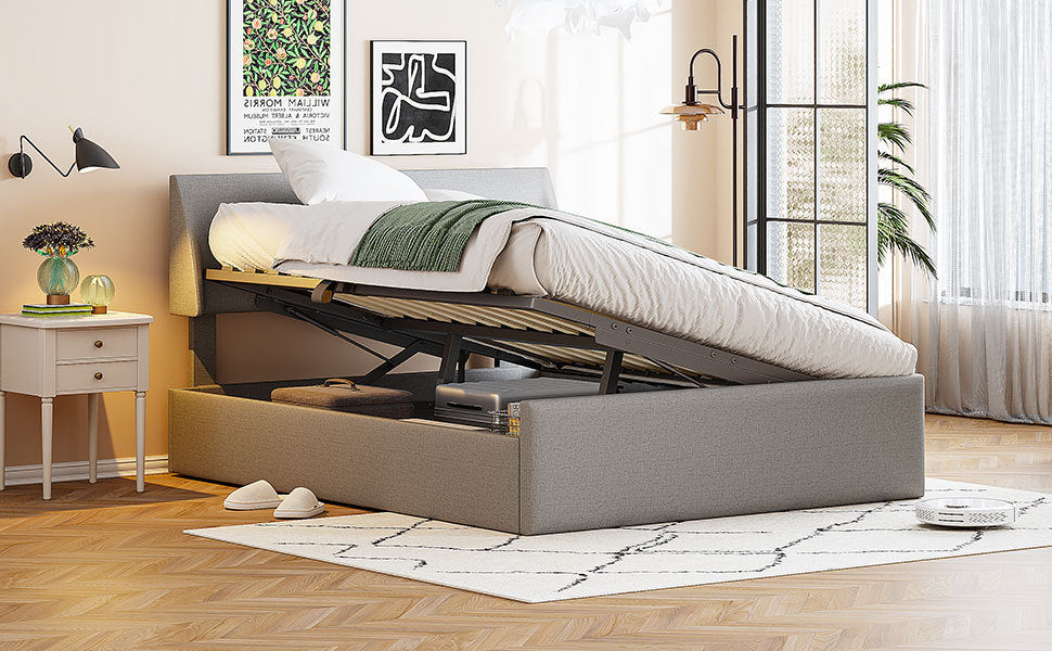 Leoglint Full Size Sleigh Bed Frame with Side-Tilt Hydraulic Storage System, Linen Upholstery, Gray