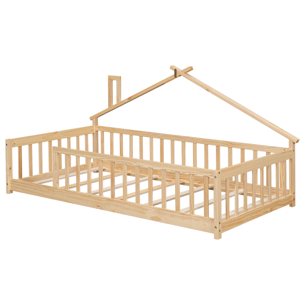 Twin House-Shaped Bedside Floor Bed Frame with Guardrails, Slats, without Door ,Natural