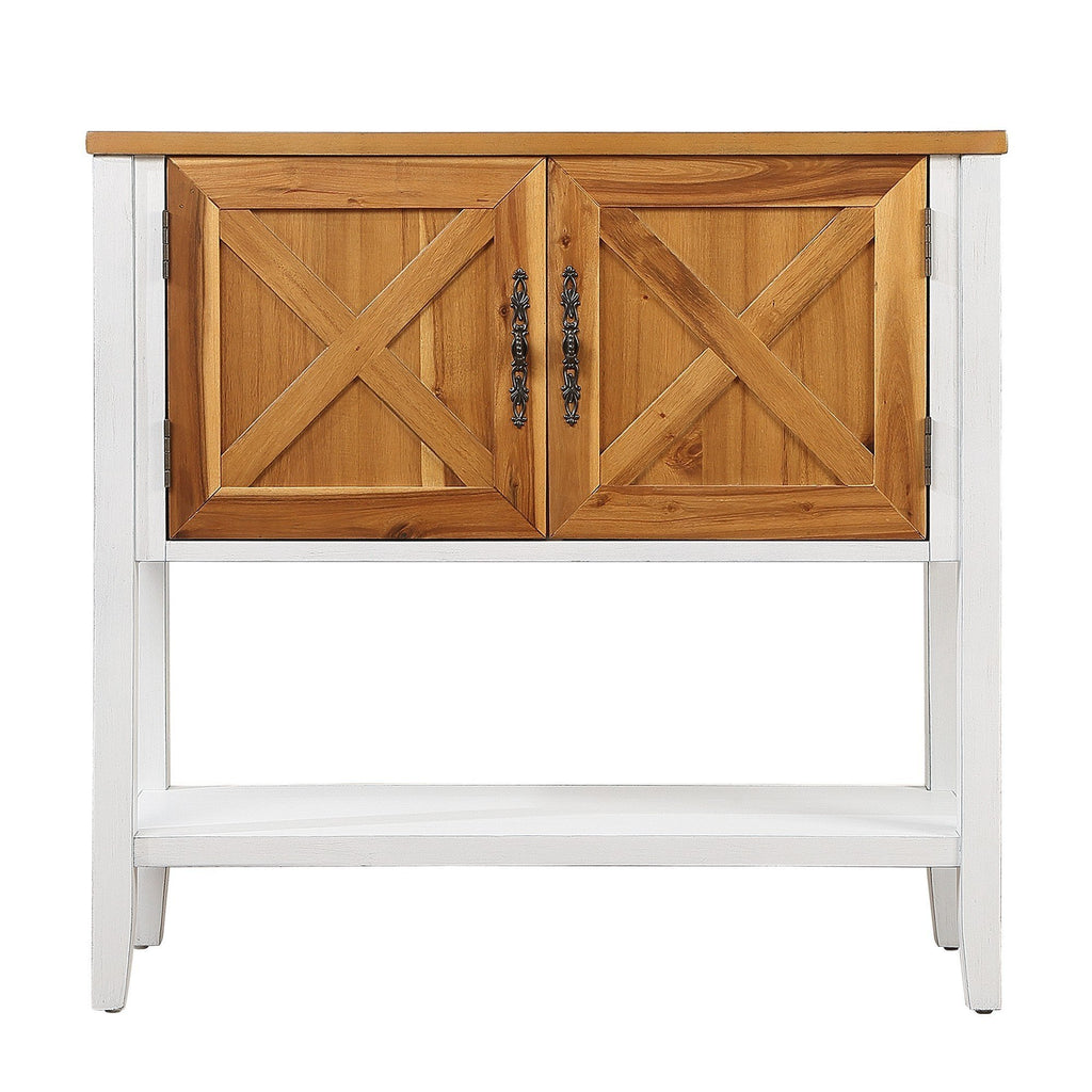 Leoglint 35''Farmhouse Wood Buffet Sideboard Console Table with Bottom Shelf and 2-Door Cabinet, for Living Room, Entryway,Kitchen Dining Room Furniture (Antique White + Natural Acacia Top & Door)