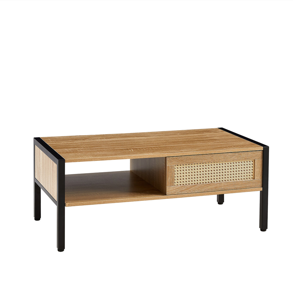 Leoglint 40.16" Rattan Coffee table, sliding door for storage, metal legs, Modern table  for living room , natural