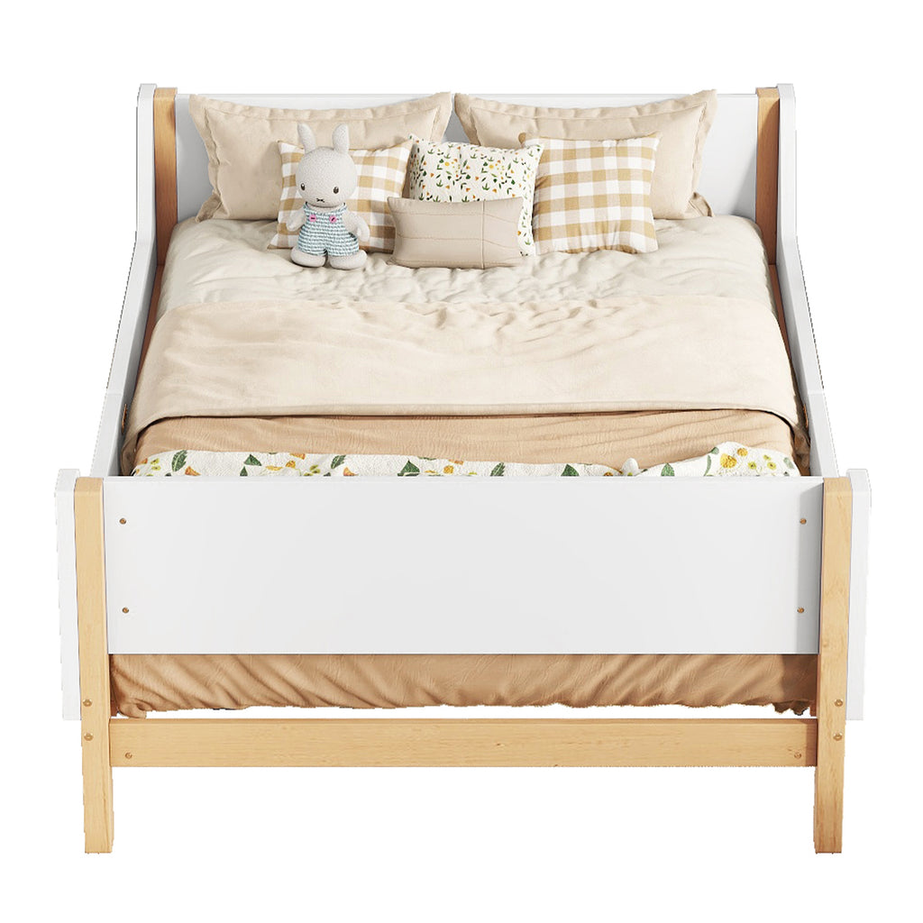 Twin Bed Frame with Headboard, Footboard, Safeguards,  Built-in Bed-end Book Storage Rack ,White