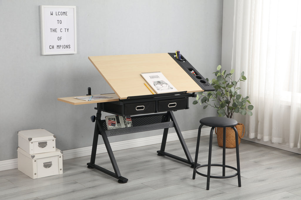 Leoglint adjustable drawing drafting table Office desk with 2 drawers for home office and school with stool(wood)