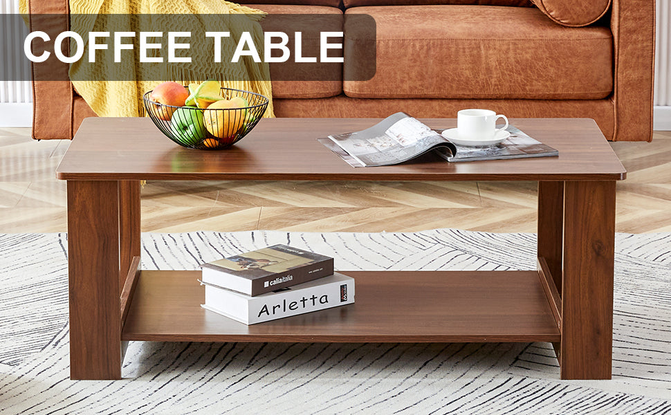 Leoglint Modern and practical walnut textured coffee tables , tea tables. The double layered coffee table is made of MDF material. Suitable for living room  43.3"*21.6"*16.5"  CT-16