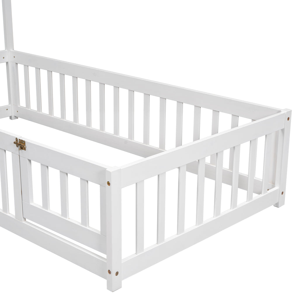 Twin House-Shaped Headboard Floor Bed Frame with Fence,White