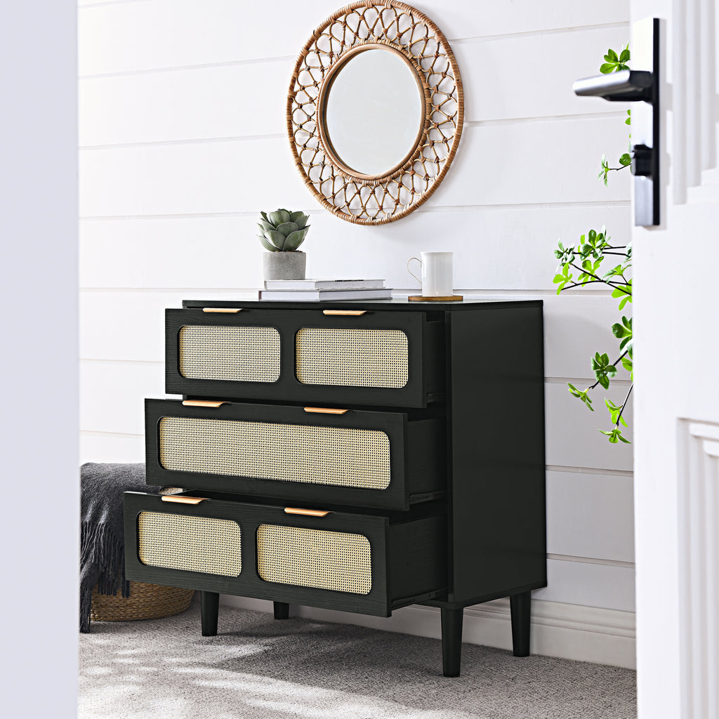 Leoglint 3 drawer dresser,Drawer Chest, modern rattan dresser cabinet with wide drawers and metal handles, farmhouse wooden storage chest of drawers for room, living room, hallway, entrance, office