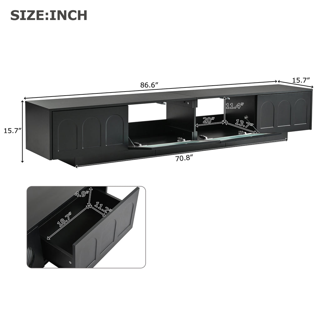 Leoglint ON-TREND TV Stand with Fluted tempered Glass Doors for TVs Up to 95'', Functional Media Console with Arched Cabinet Doors, Entertainment Center with APP-Controlled LED Light for Living Room, Black