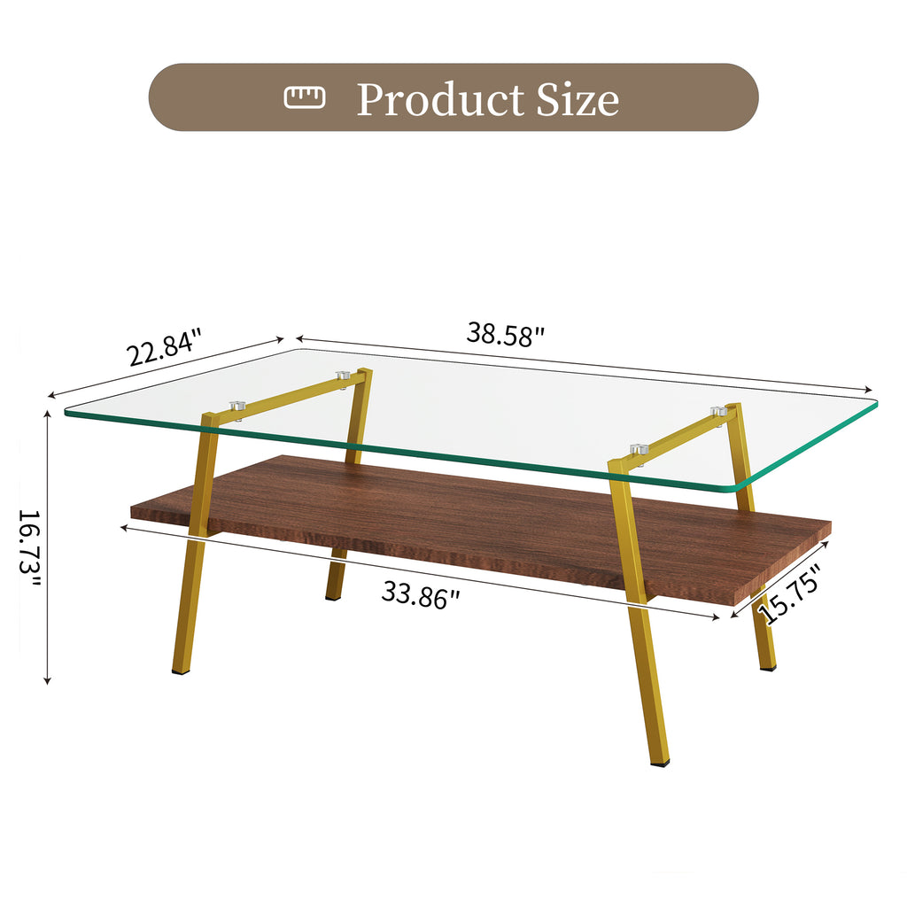 Leoglint Rectangle Coffee Table, Tempered Glass Tabletop with Gold Metal Legs, Modern Table for Living Room , Transparent Glass