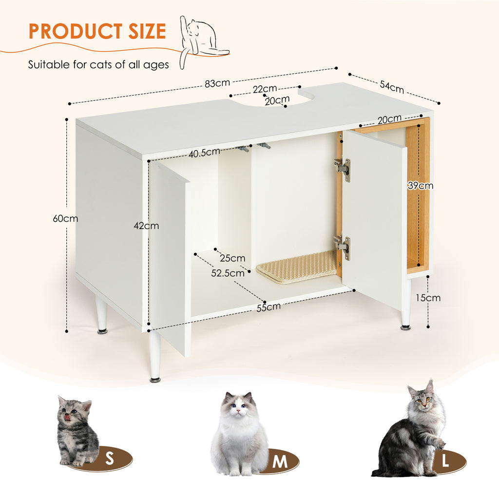 Leoglint bathroom vanity sink cabinet with Cat Litter Box enclosure, Hidden Litter Pet Washroom with Divider, Indoor Cat House for Large Cats, Wooden Cabinet Furniture, White